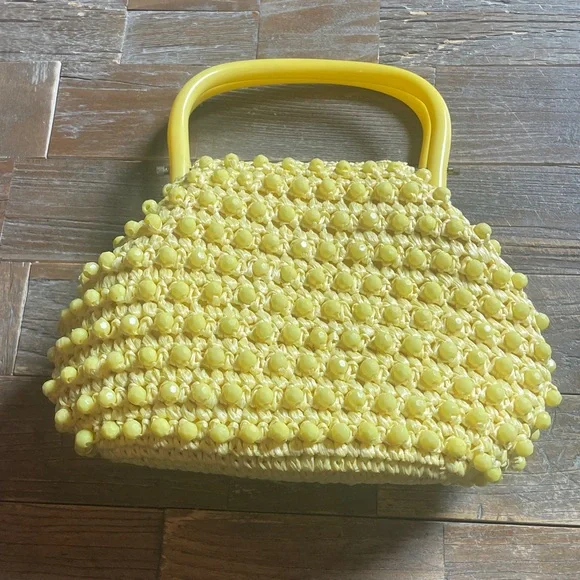 Vintage Bag by Donna Sunshine Yellow Rafia Crochet Handbag with Lucite Handle🖤 - Picture 2 of 12